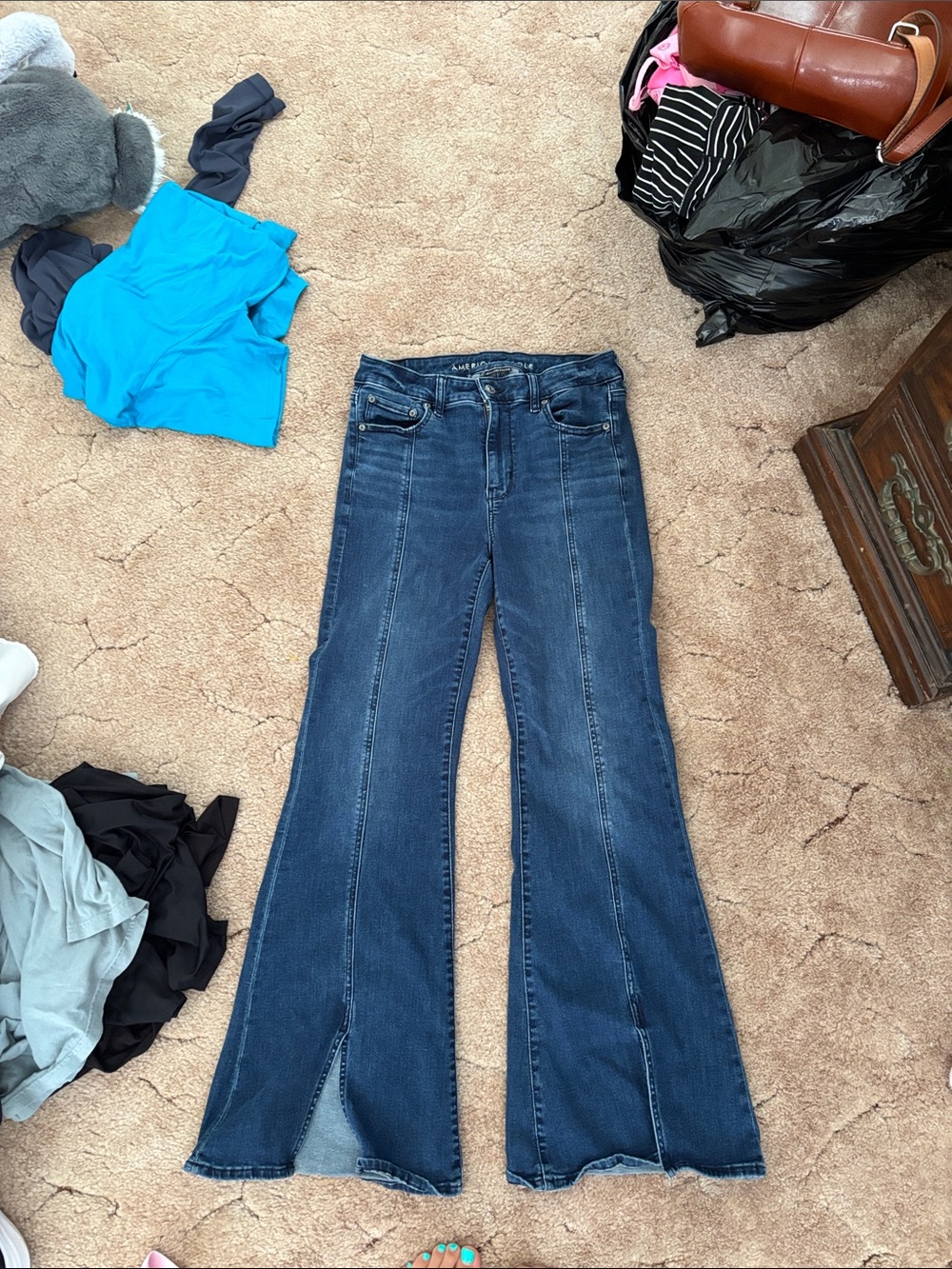 American Eagle Outfitters Dark Blue Flare Jeans with Front Slits
